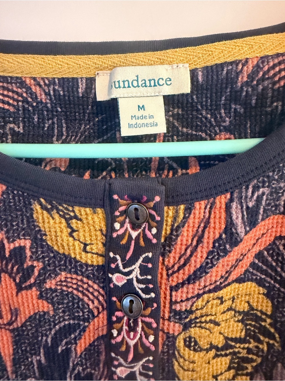 Sundance Floral WaffleTop in Navy, Mustard & Coral Thermal Long 3/4 Sleeve - Picture 3 of 5